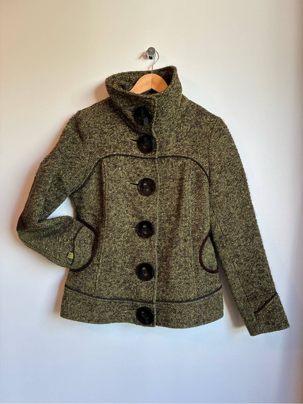 Soia & Kyo Olive Green Tweed Wool Mohair Alpaca Coat Elbow Patches S